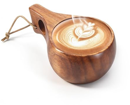 Tissting 220ML 15cm/5.91in Wooden Cup Nordic Style Handmade Finnish Kuksa Wooden Cup Portable Mug Drinking Cup for Coffee Tea Milk Hiking, Camping, Kitchen, Outdoors (Single Hole)