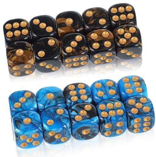 Trinkrittey 20 Stücke Würfel 16mm D6 Acryl Dice Set Polyedrische Sechsseitiger Spielwürfel Zweifarbige Würfel for Tischspiele (Blaues Gold, Schwarzes Gold)