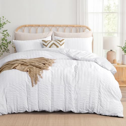 Aisbo Double Duvet Cover Set White Seersucker Bedding Set with 2 Pillowcases, Soft Breathable Textured Puckering Bed Quilt Cover Set with Zipper (200×200cm) 3pcs