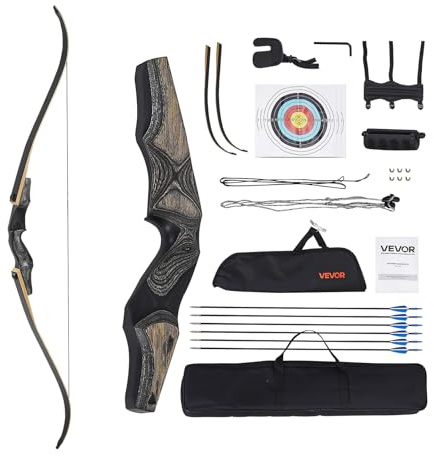 VEVOR Kit Arco Ricurvo e Frecce da 1524 mm Arco Ricurvo per Destrorsi in Legno, per Allenamento al Bersaglio all'Aperto, Caccia, per Principianti e Avanzati, Peso di Trazione 22,68 kg