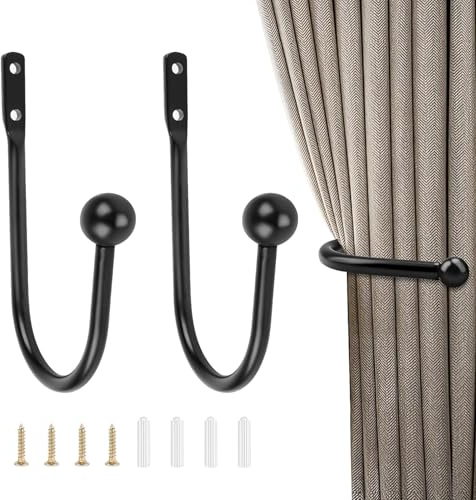 2 Piezas Alzapaños Cortinas Metal, Ganchos Cortina Decorativos Aluminio, Sujetadores Metal para Cortinas, Soportes Cortinas con Gancho U con Tornillos y Tubos, para Dormitorio Sala Estar Baño Negro