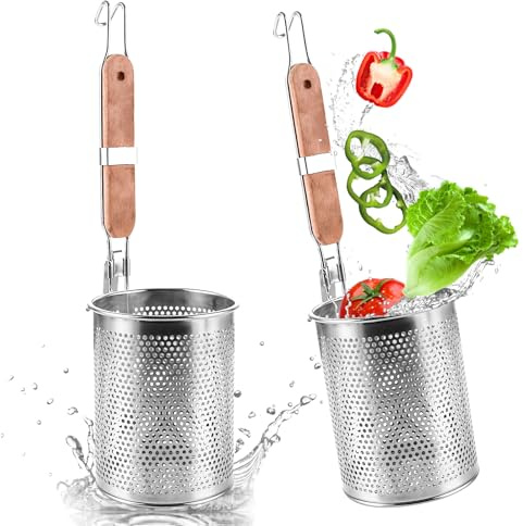 APACALI 2 Stück Nudelkorb Edelstahl, 12 cm Nudelsieb aus mikroperforiertem mit Holzgriff, Pasta-Korb, Gitter Nudelkorb, Nudelsieb, Küche, feines Sieb, für Zuhause