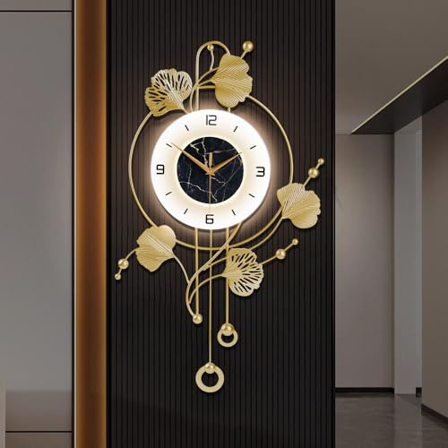 Wall Clock with Light ,Large Decorative Clock for Living Room,Silent Non Ticking Clock with Pendulum,Battery Operated Oversized Modern Wall Art for Bedroom,Farmhouse,Office Wall Decor / 27.9*16.5 Inch