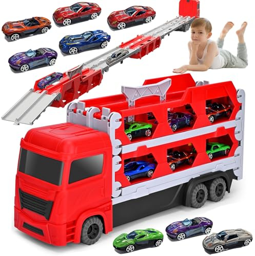 YADODO Camion Transporteur Voiture pour Garçons de 3 4 5 6 Ans, 165cm Portable Pliable Camion Voiture Enfant avec Éjection Piste Course et 8 Petites Voitures Jouet pour Garçons Filles Cadeau (Rouge)