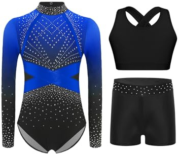 Alvivi Mädchen Turnanzug Glitzer Gymnastikanzug Langarm Ballettanzug mit Shorts Haarband Gymnastik Leotard Wettbewerb Tanzkostüm