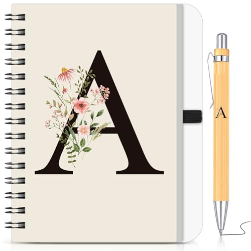 BBTO Personalisiertes Notizbuch mit Initiale A, Florales B6 Spiralnotizbuch mit Bambus Stift Set Tagebuch Geschenk für Schule Freundin Schwestern Frauen Kollegen Weihnachten Geburtstag Abschluss