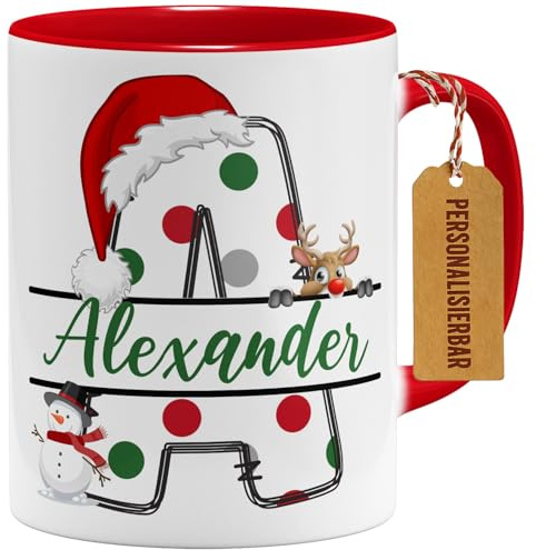 OM3® Personalisierte Weihnachtstasse mit Buchstaben & Name - Individuelle Kaffee-Tasse mit eigenem Namen - Keramik Becher - 325ml - Beidseitig Bedruckt - Rot