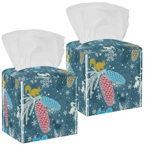Quadratische Taschentuchbox-Abdeckung, Pinienkerne, Eichhörnchen, Weihnachtselement, Leder, Kosmetiktücher, Organizer, Spender für Schminktisch, Toilette, Tank, Kommode, Nachttisch, Arbeitsplatte
