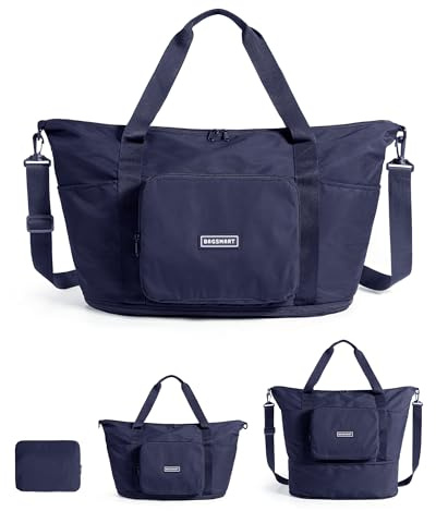 BAGSMART Foldable Travel Duffle Bag for Women, 24L-37L Expandable Holdall for Weekend Gym Overnight, Shopping, Hospital, Airplane, Carry on Hand Luggage with Trolley Sleeve, Dark Blue