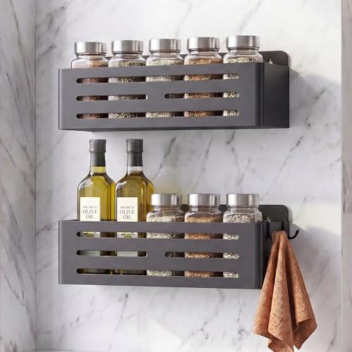 ITHKFU 2 unidades de estante para especias de pared sin taladrar, 25 cm, color negro | Soporte de cocina con 4 ganchos, organizador de cajón, organizador de especias, soporte para utensilios de cocina