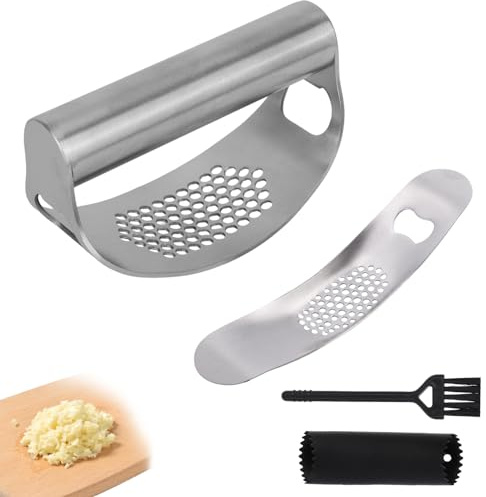 Stainless Steel Garlic Press Set, Includes 2 Stainless Steel Garlic Press Tools 1 Silicone Peeler Tube and 1 Brush Practical Kitchen Gadgets for Easy Smashing