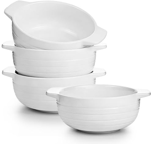 Aleker Soup Bowl with Handles Set of 4, 500ml Ceramic Serving Bowl Sturdy Porridge Bowl Breakfast Bowl for Soup, Pasta, Porridge, Salad, Cereal, Baked Rice Oven Microwave Dishwasher Safe,White