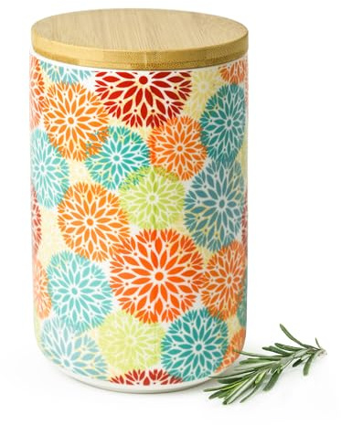 Sendez Vorratsdose Porzellan 800 ml mit Bambusdeckel luftdicht – Vorratsglas Vorratsbehälter Aufbewahrungsdose Kaffeedose Teedose Zuckerdose Gewürzdose Boho Blumen Design Bunt