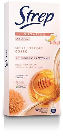 Strep - Strisce Depilatorie Corpo Sugaring, per Pelli Sensibili, Senza profumo, con Zucchero di Canna e Cera d’Api, 20pz