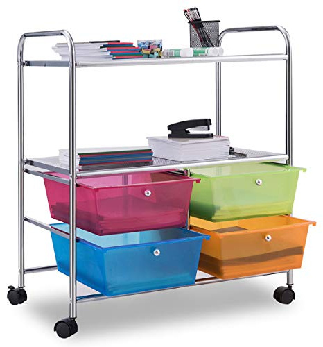 COSTWAY Rollwagen mit 4 stapelbaren Schubladen, Schubladenwagen Rollcontainer mit Metallgestell und Ablageflächen, Badrollwagen Aufbewahrungswagen für Büro, Wohnzimmer