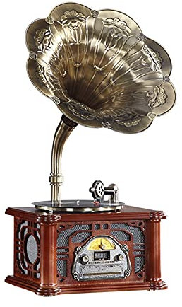 ROLTIN Tourne-Disque rétro Tout-en-Un phonographe Vintage Gramophone nostalgique avec Corne en cuivre, Haut-Parleur intégré entrée auxiliaire 3,5 mm/USB/CD/FM/Radio