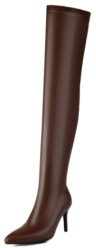 Roimaash Fashion Stretch Boots Overknee Go go Boots Stiletto Heels Elastic Thigh High Boots Pointed Toe Block Heels Evening Cheerleader Boots Long Boots Zipper Brown Plus Size 46