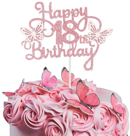 Bliceon 18th Birthday Cake Topper, Pink 3D Butterfly Cake Toppers, Pink Butterfly Party Decorations for Cakes Decorations Girls 18 Years Old Birthday Party