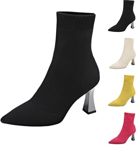 Stövletter dam med klack spets – slip-kängor trattklack kort skaft stövlar stickade ankelstövlar eleganta bekväma damstövlar slip-on strumpor stövlar höga klackar festliga kvällsskor, svart, 40 EU