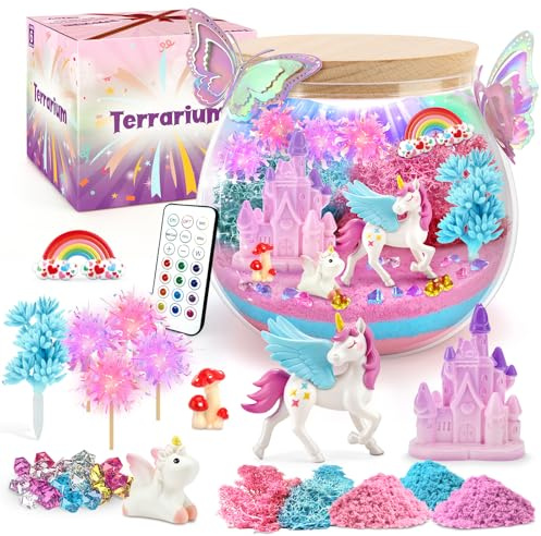 Enhörning terrarium kit för barn, LED-nattlampa och fjärrkontroll enhörning födelsedagspresenter leksak för flickor i åldern 5, 6, 7, 8, 9 och 10 år flickor