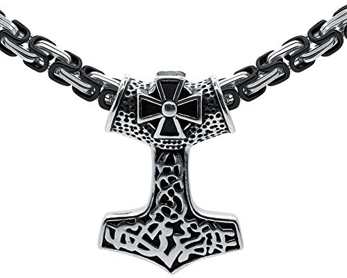 Soul-Cats Thorshammer Anhänger Königskette Edelstahl Mjölnir Mjöllnir Thors Hammer Thor, Farbe: schwarz & Silber;Länge: 70 cm