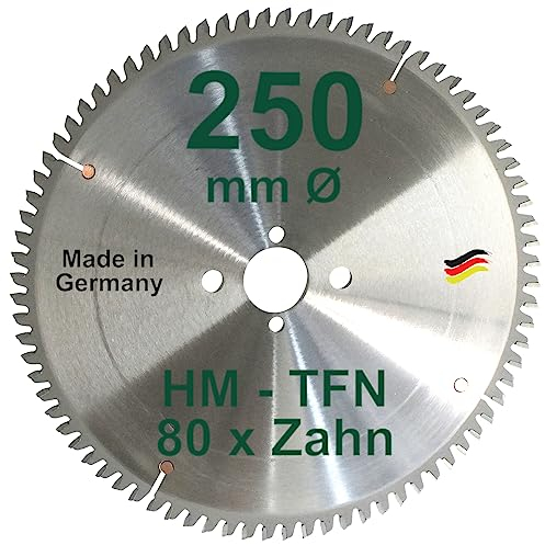 HM Sägeblatt 250 x 30 mm Zähne 80 TFN Kreissägeblatt Hartmetall 250mm Ersatzsägeblatt Trapez Flachzahn mit Spanabweiser Handkreissäge Kreissäge Negativ