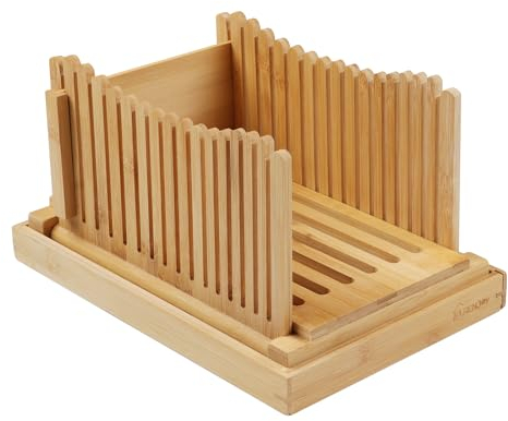 PURENJOY Bamboo Bread Slicer for Homemade Bread, Foldable Adjustable Slicing Width with Sturdy Bamboo Cutting Board, Cutting Bagels or Even Slices of Bread Becomes Easy.