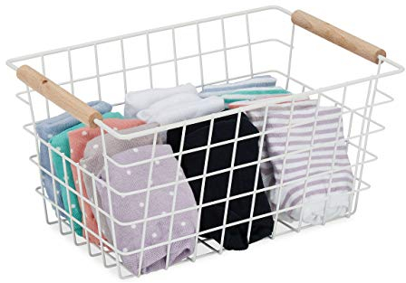 Relaxdays Panier fil métallique, poignée en bois, carrée, design bois, vêtements, accessoires, HlP 16x31x21 cm,blanc