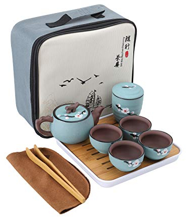 fanquare Portatile Servizio da tè Kung Fu con Borsa da Viaggio, Set da tè in Zisha con Fiori di Ciliegio per Adulti, 1 Teiera, 4 Tazze da tè e 1 Barattolo di tè