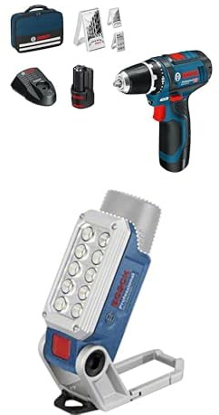 Bosch Professional 12V System Akku Bohrschrauber GSR 12V-15 (inkl. 2x2.0 Akku, Ladegerät, 39tlg.-Zubehör-Set, Werkzeugtasche) + Bosch 12V System Akku LED-Lampe GLI 12V-330