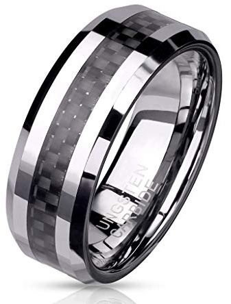 Paula & Fritz® Ring Herren Wolframcarbid Carbonfaser-Inlay Gr. 64 (20,4) Silber/Schwarz 8-mm Breit Herren-Ring Damenring Partnering Verlobungsring