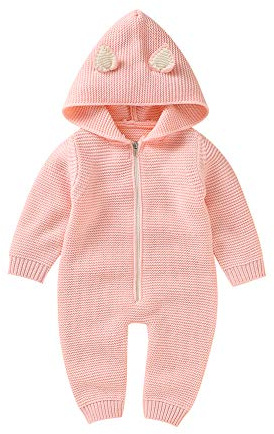VICROAD Baby sparkdräkt pojkar dragkedja onesies nyfödda flickor tröja huva stickad jumpsuit kläder kläder, Rosa, 6-12 månader