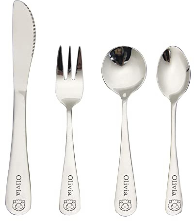 Kids Cutlery Set for Girl Boy Personalised Toddler Cutlery Set Stainless Steel 4pcs Set Engraved Any Name 1 Fork 1 Safe Dinner Knife and 2 Dinner Spoons Gifts for Christmas Birthday(Design 2)