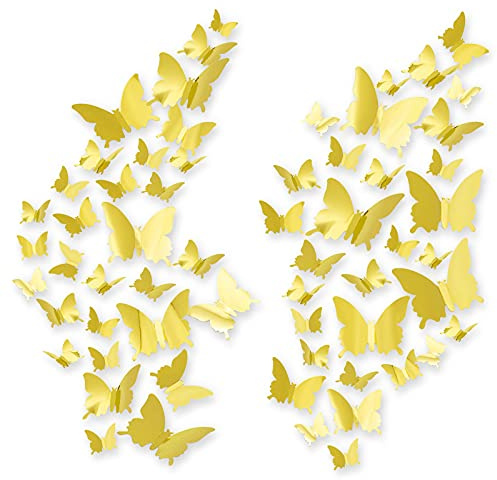 Adesivi Murali 3D con Farfalle, CAYUDEN 60 Pezzi Adesivi Rimovibili a Specchio Decorazioni Fai 3 Dimensioni Decalcomanie da Muro 3D con Farfalle Camera Porta, Finestra Decorazione Decalcomanie (Oro)