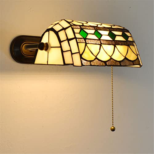 QJUZO Retro Wandleuchte Mit Zugschalter, Banker Lampe Landhausstil Tiffany Wandlampe, Glasmalerei Lampenschirm E27 Wandbeleuchtung Schlafzimmer Nachttischlampe Wohnzimmerlampe Studieren Licht,C