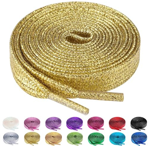 Olukssck 2 Paar Glitzer Schnürsenkel für Sportschuhe und Sneaker, Farbige Flache Schuhbänder 10mm breit, Gold, 140cm