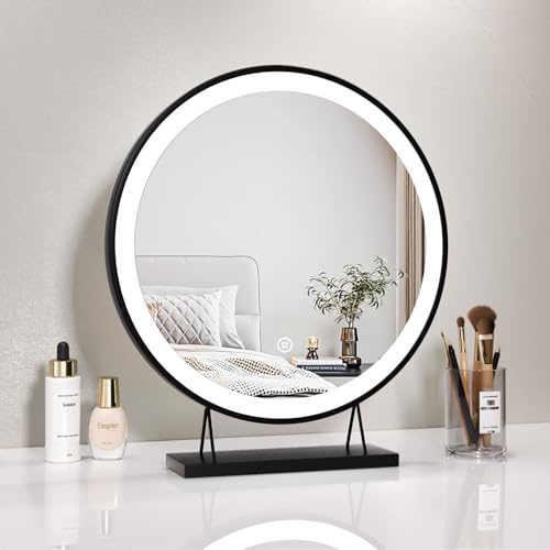 Heilmetz Vanity Mirror with Lights 40 cm Round, 3 Light Colours, Dimmable | Touch Control, Memory Function, Freestanding Base, Black Frame, For Dressing Tables