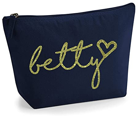 Personalisiert Handgeschriebener Name Initialen Text Kosmetiktasche Damen Schminktasche für Handtasche Makeup Tasche mit Texturdruck - Gold Glitter - L | Marine Blau