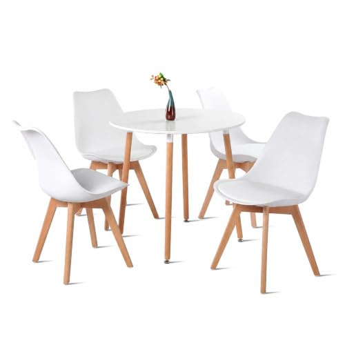 FURNITABLE Set aus Runder Esszimmertisch mit 4 Weißer Stühlen | Essgruppe 5-teilig | Esszimmergruppe für Esszimmer Küche Wohnzimmer | Weißer Esstisch