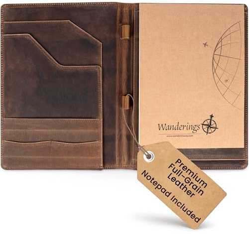 Wanderings Vintage Leather Padfolio - 10x13 - Professional Organizer and Resume Folder Antique Leather Document Portfolio with Writing Pad. Ideal Gift for Men and Women
