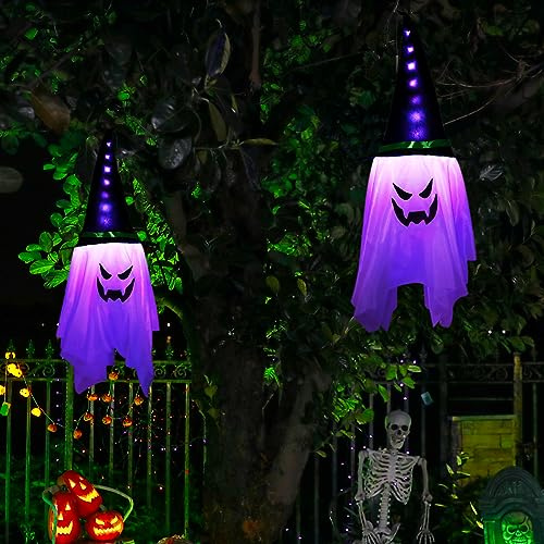 BLOOMWIN Halloween Deko Garten Outdoor Gruselig LED Lichterkette 2Stück 1M | Geister Mit Hexenhut Halloween Dekoration, Außen Batterie, Ip44, Wand, Party, Wohnzimmer, Innen, Herbstdeko
