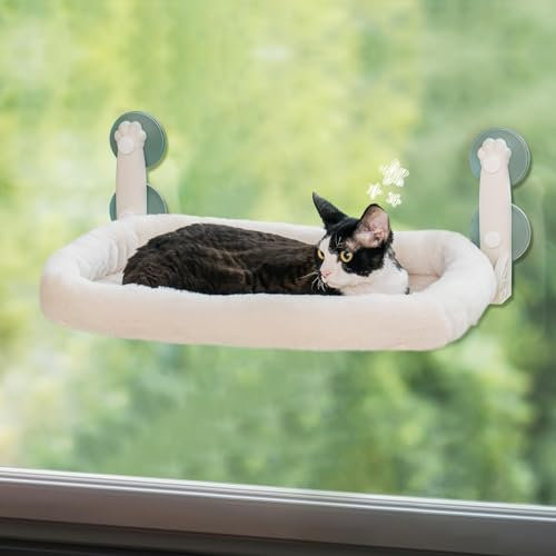 MEWOOFUN Cat Window Hammock Bed for Indoor Cats - 54x30cm Foldable Cat Window Perch Bed w/Reversible Bed, Upgrade Strong Suction Cups Sturdy Holds Up to 18kg, Beige