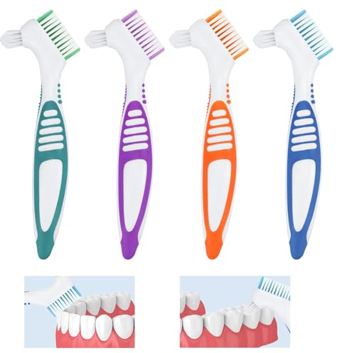 4 Piezas Juego de cepillos de dientes para prótesis, cerdas multicapa, Cabeza de Cerdas Cepillos de Limpieza de Prótesis Portátiles Dentaduras,Para Dentaduras Cuidado