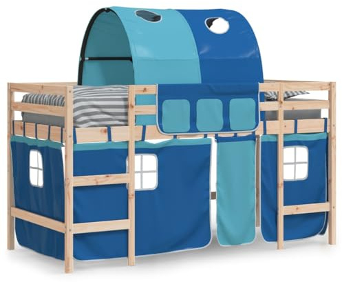 vidaXL Kinderhochbett, Hochbett mit Tunnel Vorhängen, Spielbett Bett für Kinder ab 6 Jahren, Kinderbett Etagenbett Stockbett, Blau 80x200cm Massivholz Kiefer
