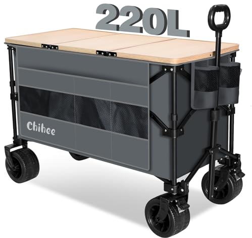 Chihee Handwagen Gartenwagen Zusammenklappbar Außenbereich Dienstprogramm Wagen,Strandwagen 220L,Hochbelastbar Tragbar All Terrain Räder Übergroße Tasche 1 klappbarer Schreibtisch 2 Getränkehalter