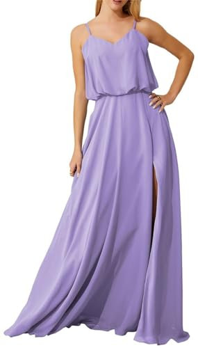 Vestidos de dama de honor con cuello en V para mujer con abertura y tirantes delgados, vestidos de noche para invitados de boda, talla grande, Lila, 36