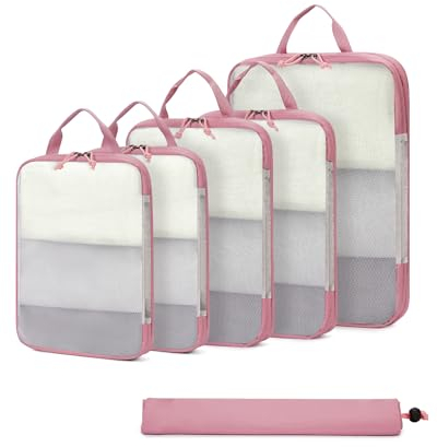 ECOHUB 6 Teilige Koffer Organizer Kompression Set, Netzgewebe Ultraleichte Packtaschen für Rucksack, Recycelt Packwürfel Kompression für Handgepäck, Packing Cubes Reise, Patent Angemeldet(Rosa)