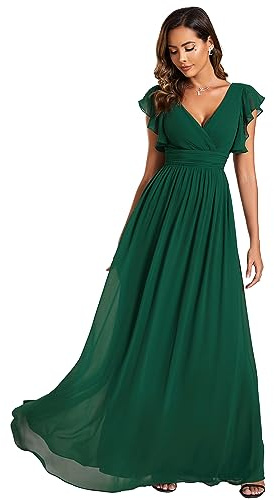 Ever-Pretty Damenkleid mit rückenfreiem Rücken, geraffte Ärmel, Chiffon, V-Ausschnitt, plissiert, elegante Brautjungfernkleider, ES01819-P