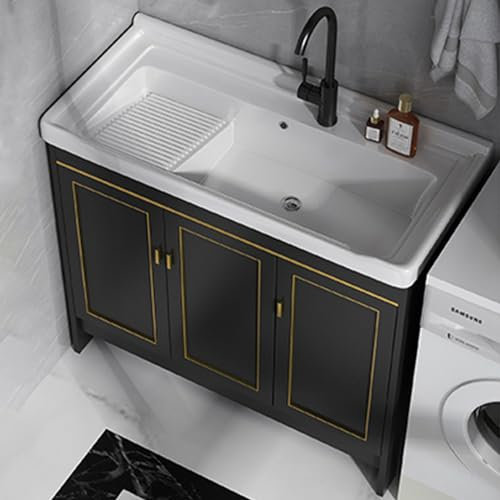 Spülbecken für eine Waschküche，keramik handwaschbecken spültisch，einzelbecken badezimmer waschbecken universalspüle，Wäschewanne Geeignet für Badezimmer, Waschküche, Balkon, Hotel (Color : Black, Siz