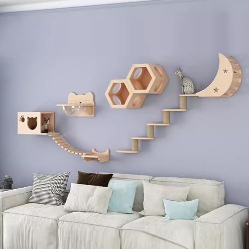 DYUNCZ Katzen Kletterwand Set, Kletterwand Katzen, Katzenwandparkour, Katzen-Wandregal-Set, Katzenstufen, Katzentreppe, Katzensitzstange, for Spielen und Klettern der Katze (Color : Combination 6)